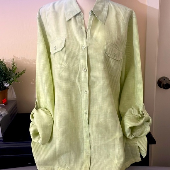 Chico’s Lime Green Gingham Linen Shirt Size 3 - Picture 3 of 5